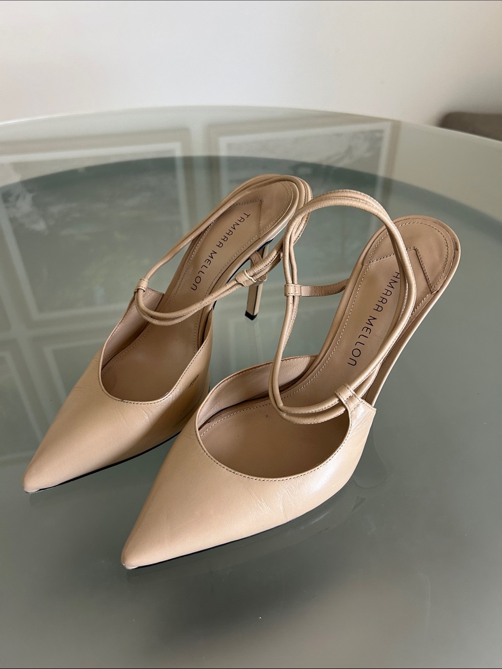 Tamara Mellon Beige Pointed-Toe Slingback Pumps